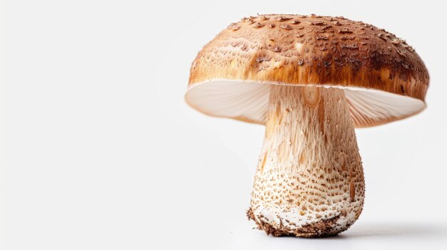 Foto close up de um grande cogumelo castanho em um fundo branco