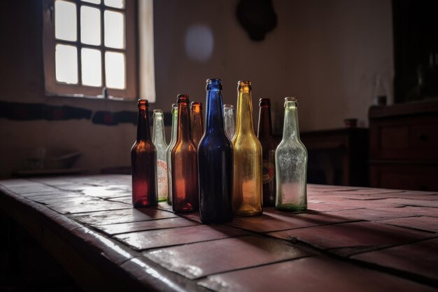 Close-up de um grupo de garrafas de cerveja em uma mesa em uma sala vazia criada com AI gerativa