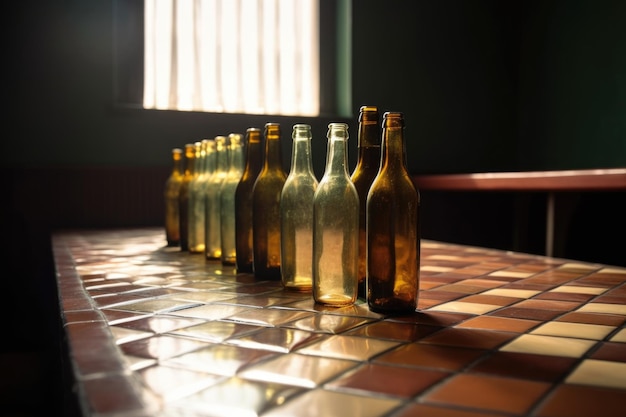 Close-up de um grupo de garrafas de cerveja em uma mesa em uma sala vazia criada com AI gerativa