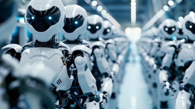 Close-up de um grupo de robôs que trabalham juntos numa fábrica para produzir em massa equipamentos de protecção para