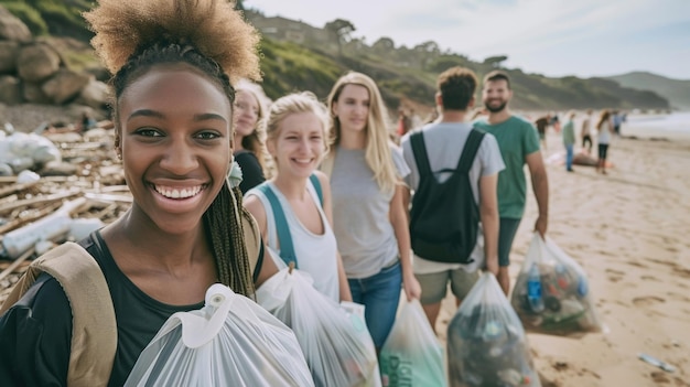 Close-up de um grupo de voluntários sorridente participando de um evento de limpeza de praia que eles estão carregando