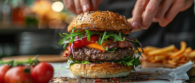 Foto close-up de um hambúrguer gourmet sendo montado cada camada um enhancer de sabor