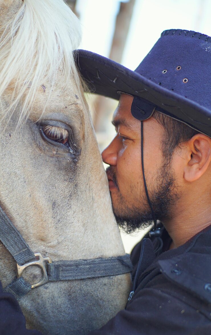 Foto close-up de um homem abraçando um cavalo no rancho