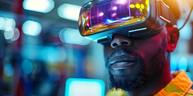 Close-up de um homem afro-americano focado usando tecnologia VR no trabalho Concept Technology VR Close-up do local de trabalho afro-americano