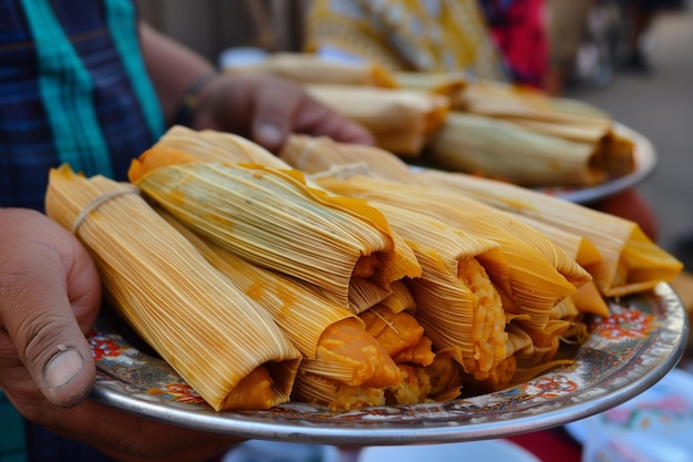 close-up de um homem carregando tamales em uma bandeja