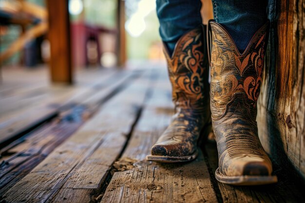 Foto close-up de um homem com botas de cowboy desgastadas de pé em um chão de madeira com vista para um rancho com sapatos bordados com padrões contra uma paisagem rústica do oeste selvagem