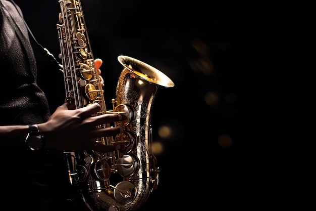 Close-up de um homem com saxofone em fundo escuro IA generativa