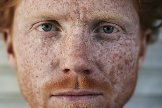 Close-up de um homem de sardas olhando para a câmera