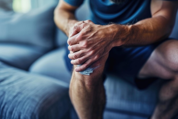 Foto close-up de um homem em roupas casuais agarrando seu joelho com dor, possivelmente indicando uma lesão esportiva ou problema articular