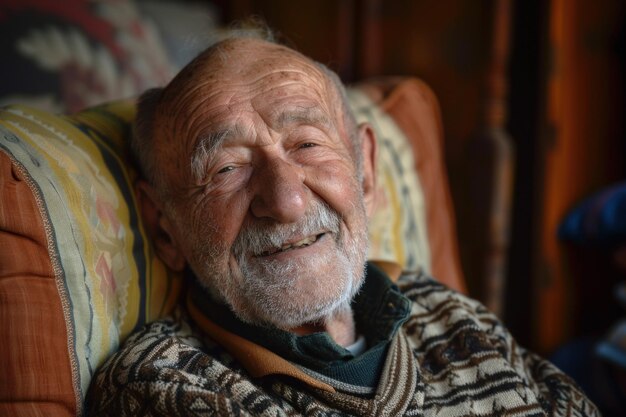 Close-up de um homem idoso alegre com um sorriso caloroso relaxando em um interior aconchegante