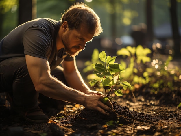 Close-up de um homem plantando uma árvore ou jardinagem Generative AI