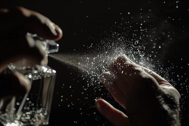 Close-up de um homem pulverizando perfume de luxo em fundo preto