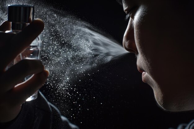 Close-up de um homem pulverizando perfume de luxo em fundo preto