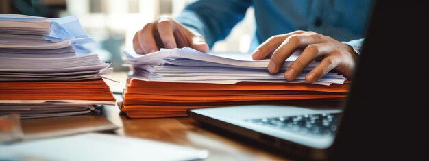 Foto close-up de um homem trabalhando com uma pilha de documentos e relatórios em sua mesa de escritório