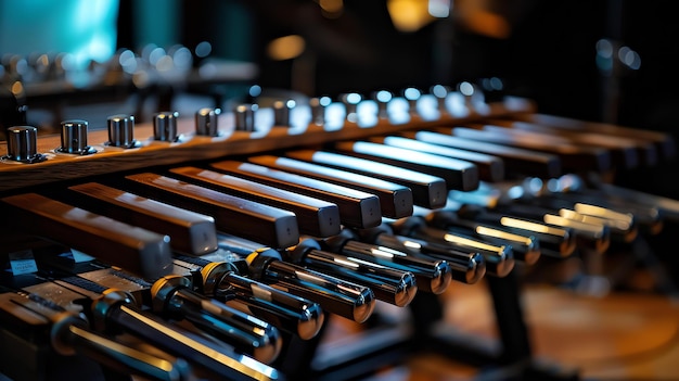 Foto close-up de um instrumento musical teclas de órgão o instrumento é feito de madeira e metal as teclas são feitas de madeira e têm pontas de metal
