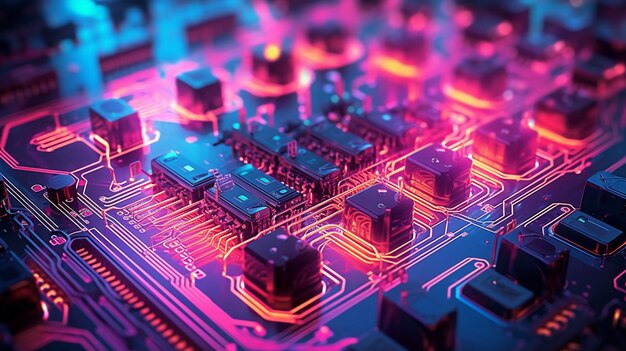 Close-up de um interior de circuito de microchip de um computador com luzes de néon em detalhes Generative AI