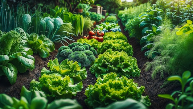 close-up de um jardim de legumes focando em fileiras de plantas verdes exuberantes com texturas detalhadas