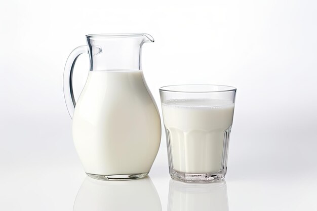 Close-up de um jarro e um copo de leite integral fresco isolado em um fundo branco