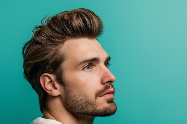 Close-up de um jovem com um penteado de moda em vista lateral contra um fundo teal vibrante