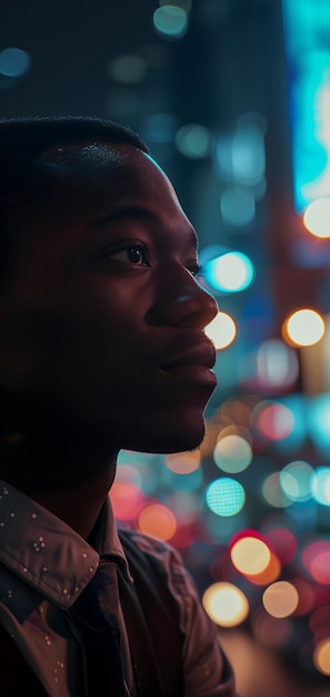 Close up de um jovem empresário afro-americano de sucesso olhando para a cidade noturna com professio