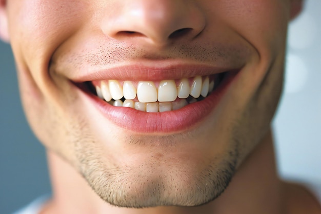 Foto close-up de um jovem sorridente com dentes saudáveis conceito de odontologia