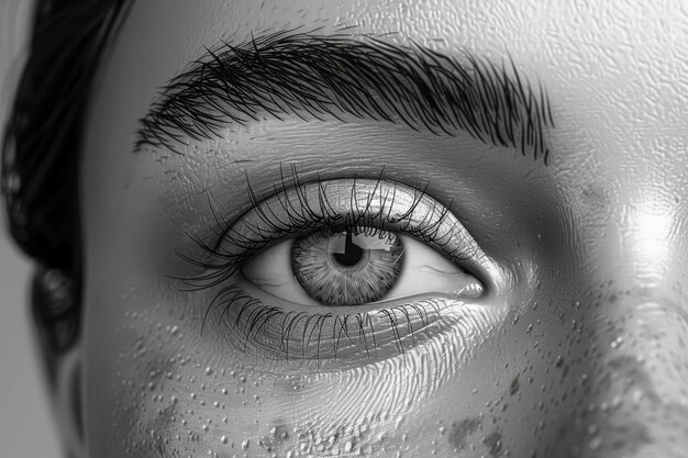 Foto close-up de um lindo olho de mulher com gotas de água preto e branco