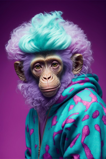Close-up de um macaco usando uma peruca azul