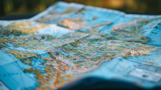 Foto close-up de um mapa dobrado com foco nos detalhes intrincados da topografia