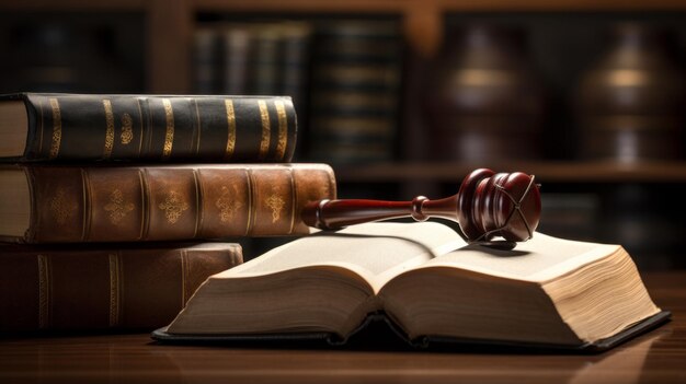 Close-up de um martelo de madeira em um juiz Martelo de madeira no tribunal com fundo de livro