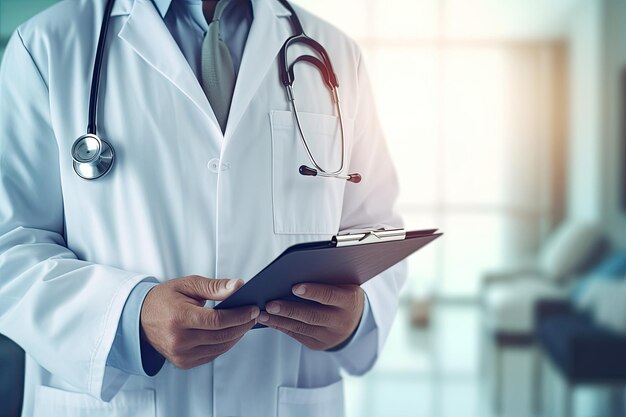 Close-up de um médico com um estetoscópio e clipboard em um corredor do hospital AI gerativa