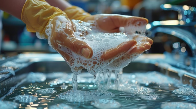 Close-up de um médico lavando as mãos com o conceito de higiene do sabão