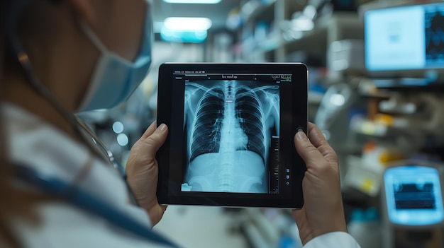 Close-up de um médico segurando um tablet digital com radiografia de tórax