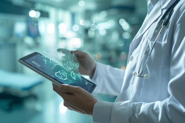 Foto close-up de um médico usando um tablet digital close-up