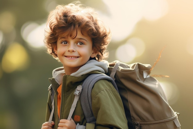 Close-up de um menino usando uma mochila na natureza Conceito de férias