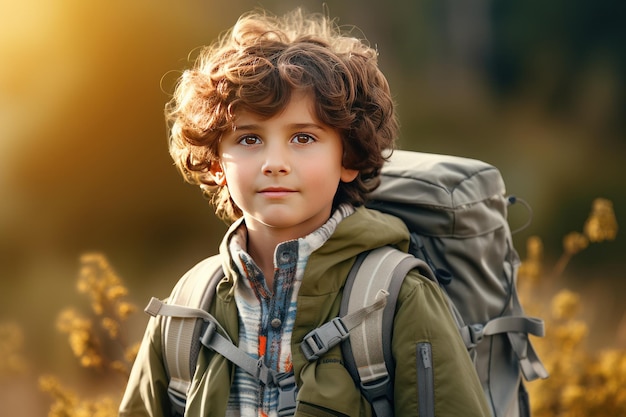 Close-up de um menino usando uma mochila na natureza Conceito de férias