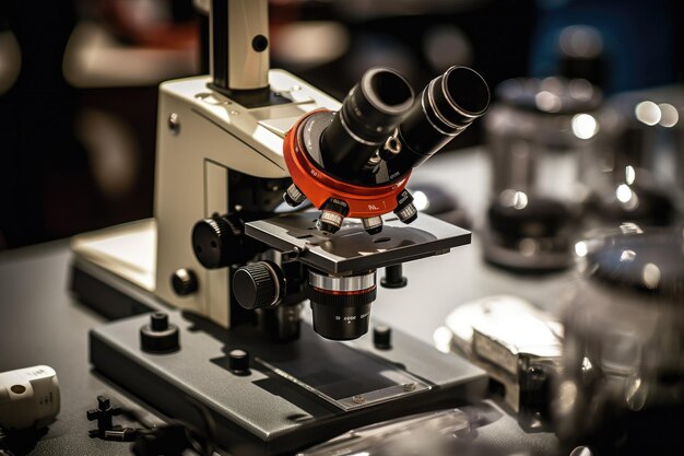 Close-up de um microscópio em um ambiente de laboratório