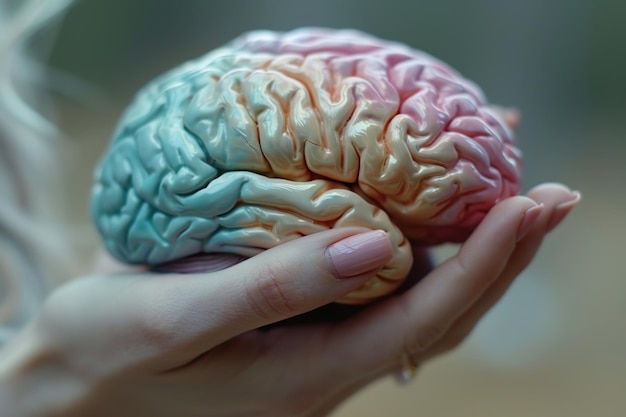 Close-up de um modelo de cérebro humano em cores pastel em uma mão de mulher em um fundo desfocado