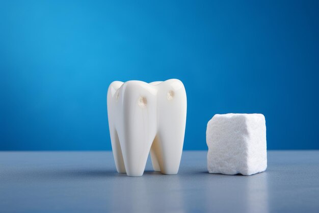 Close-up de um molar branco como a neve saudável em um fundo azul vibrante conceito de cuidados dentários