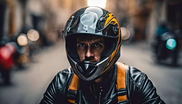 Foto close-up de um motociclista em uma motocicleta montando um motocicleta com capacete