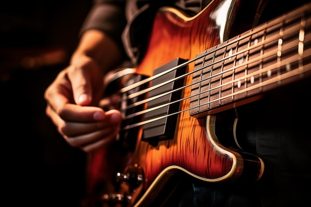 Close-up de um músico tocando guitarra baixo