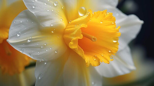 Foto close-up de um narcisso com pétalas amarelas vibrantes contra um fundo de foco suave