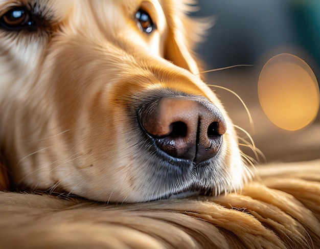Close-up de um nariz de cão com o fundo desfocado mostrando os detalhes do rosto do cão