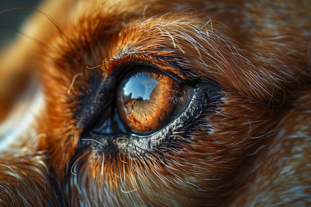 Close-up de um olho de cão refletindo o céu Fotografia de animais de alto detalhe para veterinários e