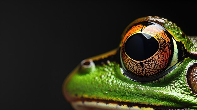 Close-up de um olho de sapo verde com padrões laranja refletivos contra fundo escuro