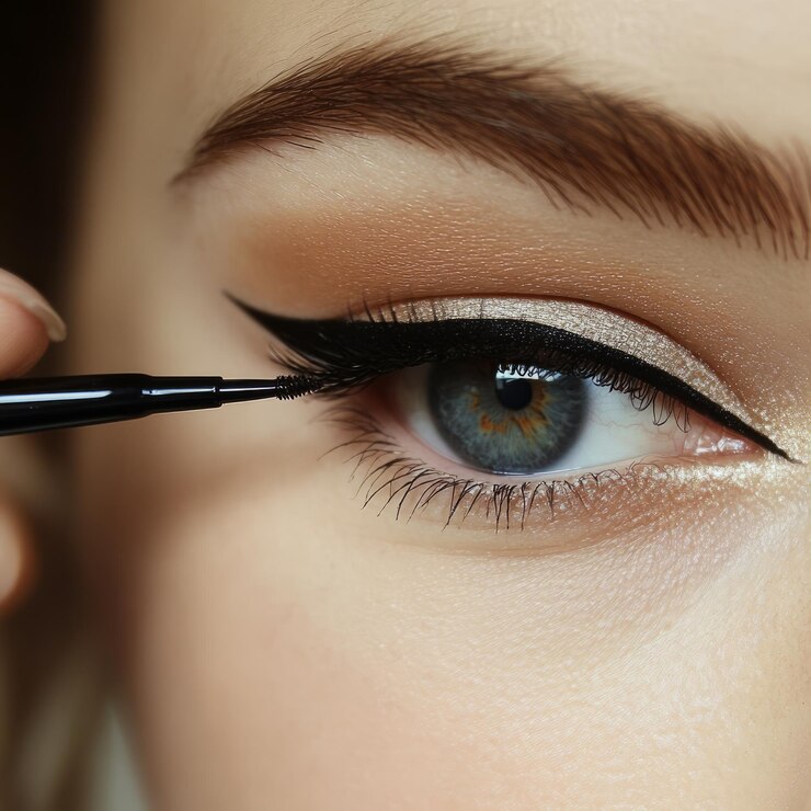 Foto close-up de um olho de uma mulher com eyeliner preto sendo aplicado