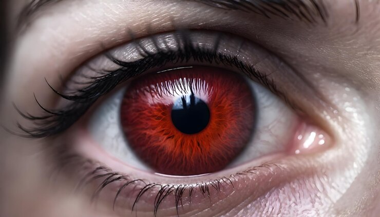 Foto close-up de um olho humano vermelho com padrões visíveis de íris e pálpebras