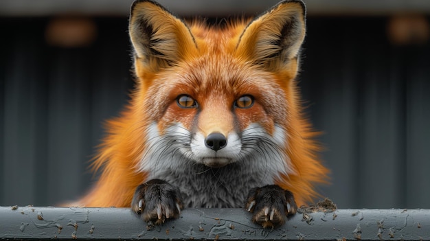 Foto close-up de um organismo canidae com bigodes e pelagem espreitando por cima de uma cerca