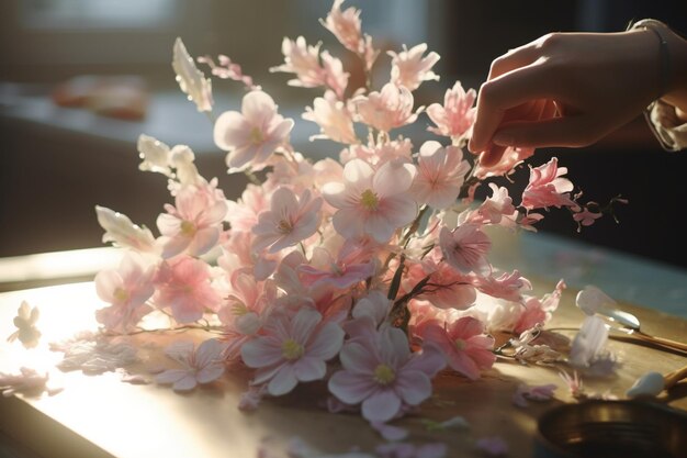 Close-up de um padeiro fazendo flores de açúcar delicadas 00054 00