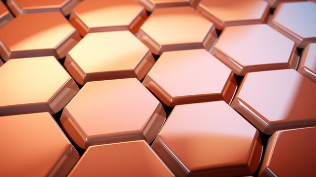 Close-up de um padrão geométrico com hexágonos de cobre criando um fundo abstrato