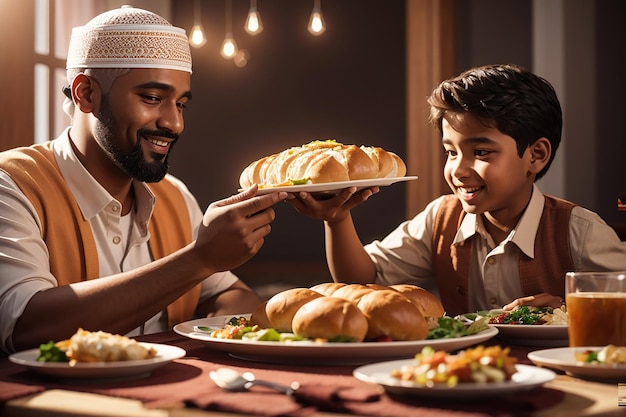 Close-up de um pai muçulmano passando seu filho Lafah Bread durante o jantar na mesa de jantar no Ramadão